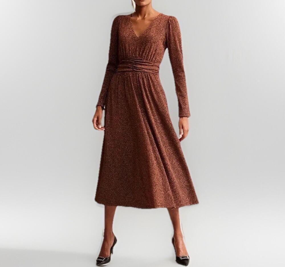Boden Shimmering Sparkle Ruched Bronze Rust Long Sleeve V Neck Midi Dress 10P